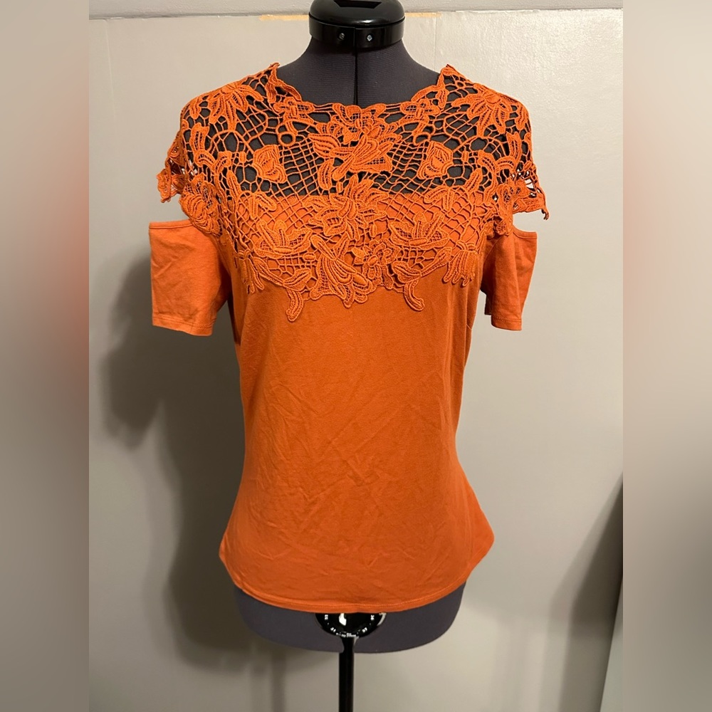 NWOT Venus Knit Top With Crocheted Shoulder/Chest